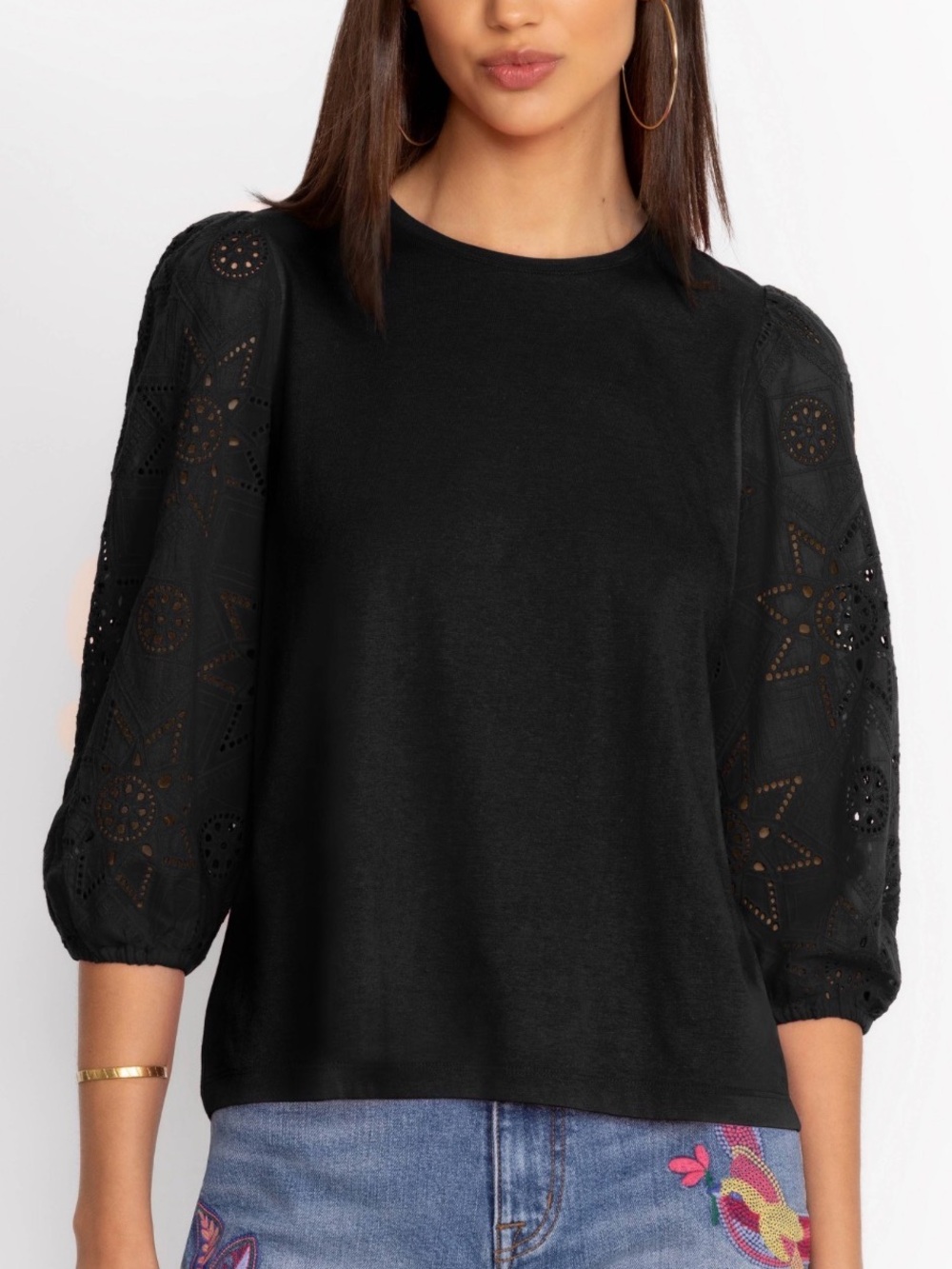 Johnny Was JADE collection top with intricate puff eyelet embroidery sleeves